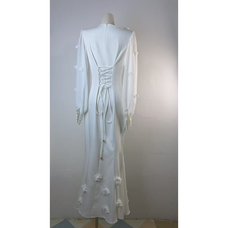 Elegant 3D Cherry Blossom Bubble Sleeve Modest Dress | Square Neckline Fishtail Maxi Dress with Back Lacing(MA296) - Mariam's Collection