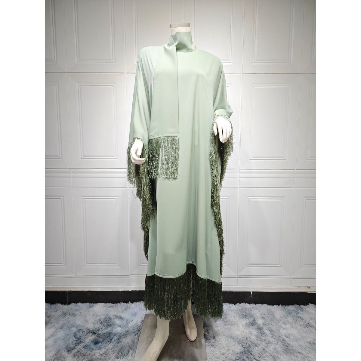 Elegant Bat Sleeve Tassel Kaftan | High Fashion Modest Party Dress with Flowy Fringe Details(MA288) - Mariam's Collection