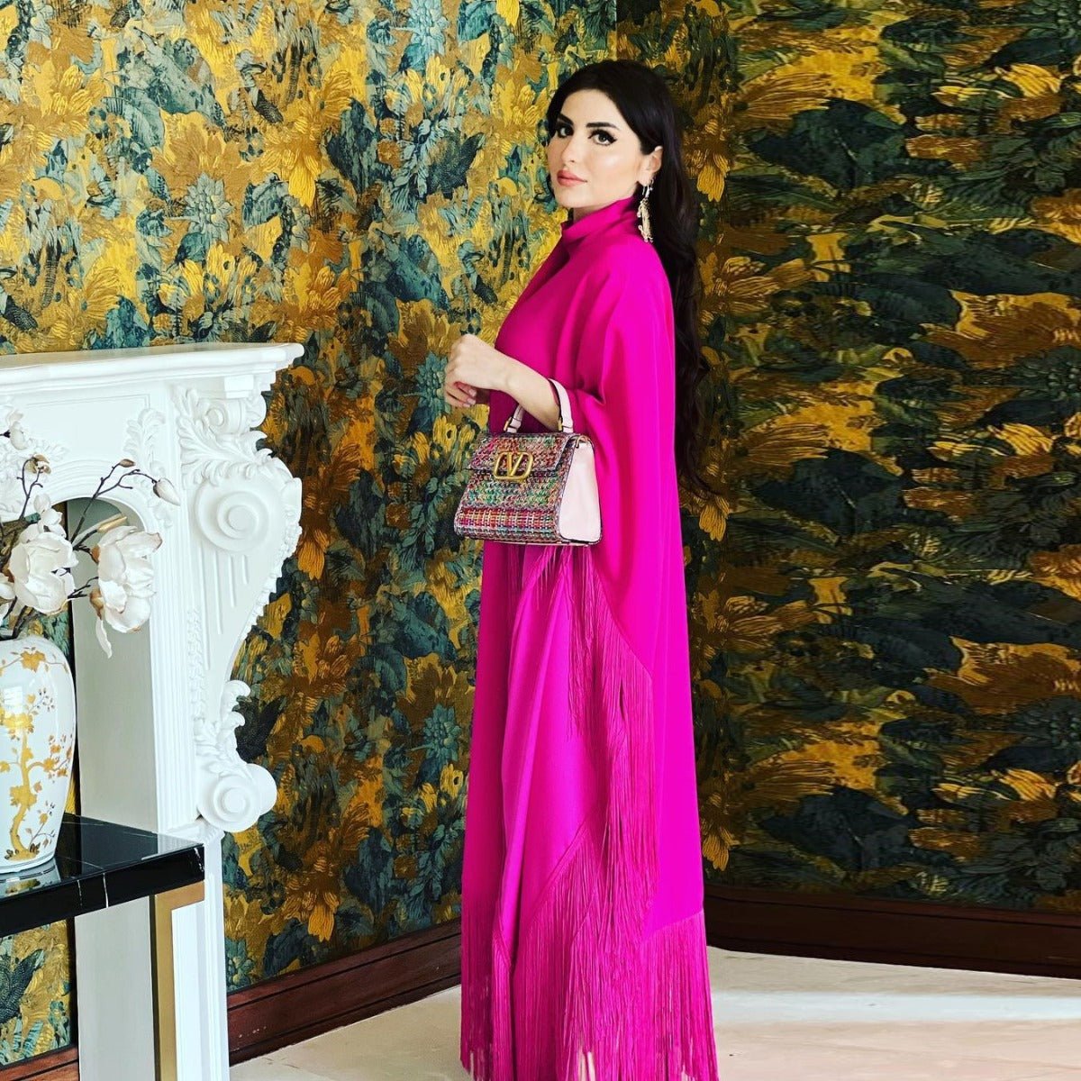 Elegant Bat Sleeve Tassel Kaftan | High Fashion Modest Party Dress with Flowy Fringe Details(MA288) - Mariam's Collection