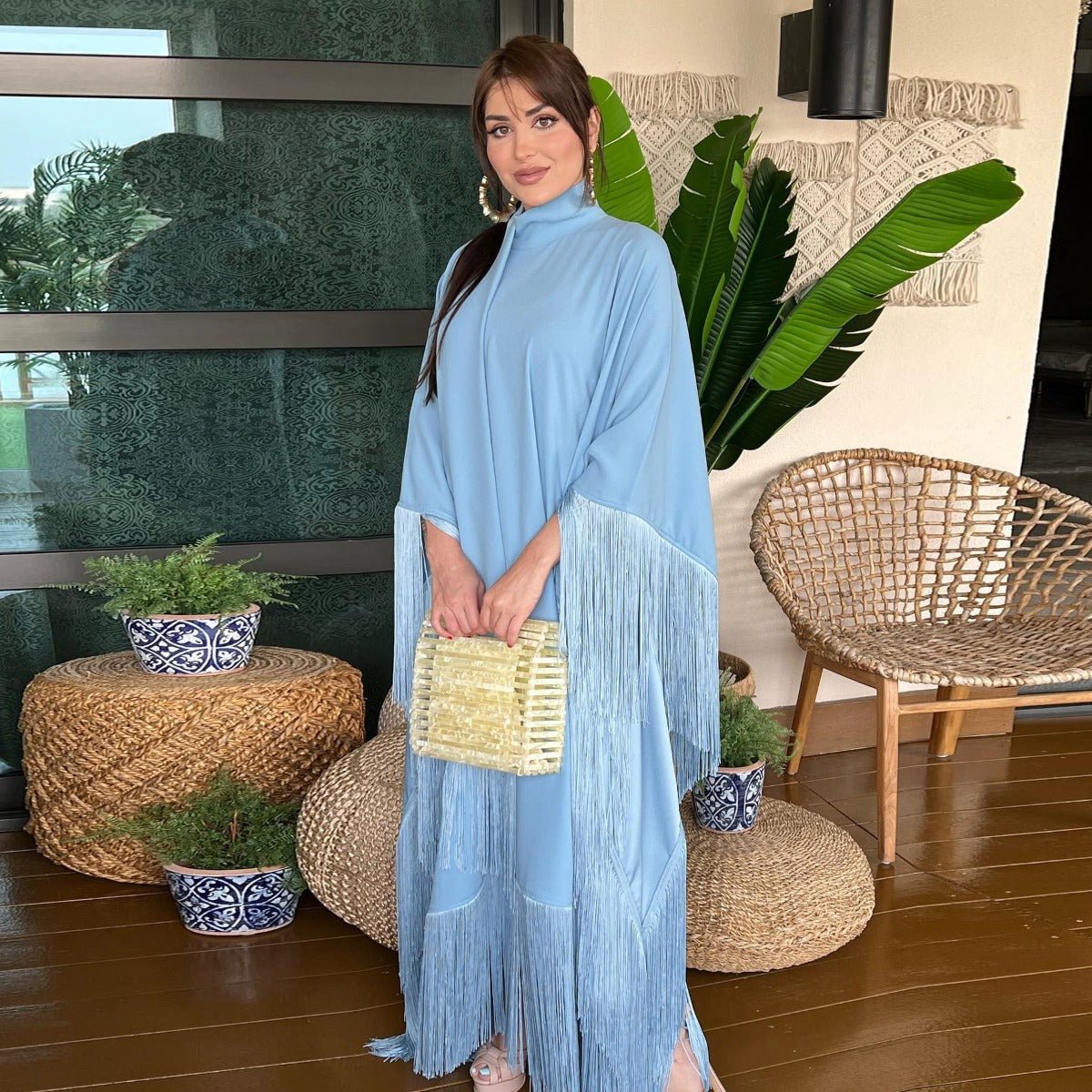 Elegant Bat Sleeve Tassel Kaftan | High Fashion Modest Party Dress with Flowy Fringe Details(MA288) - Mariam's Collection