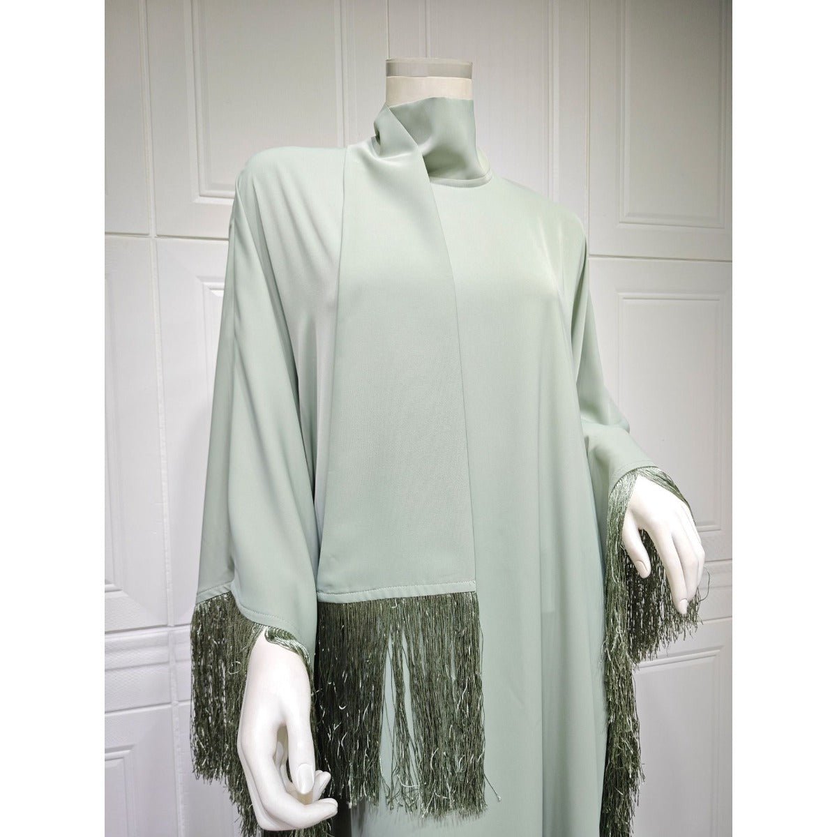 Elegant Bat Sleeve Tassel Kaftan | High Fashion Modest Party Dress with Flowy Fringe Details(MA288) - Mariam's Collection