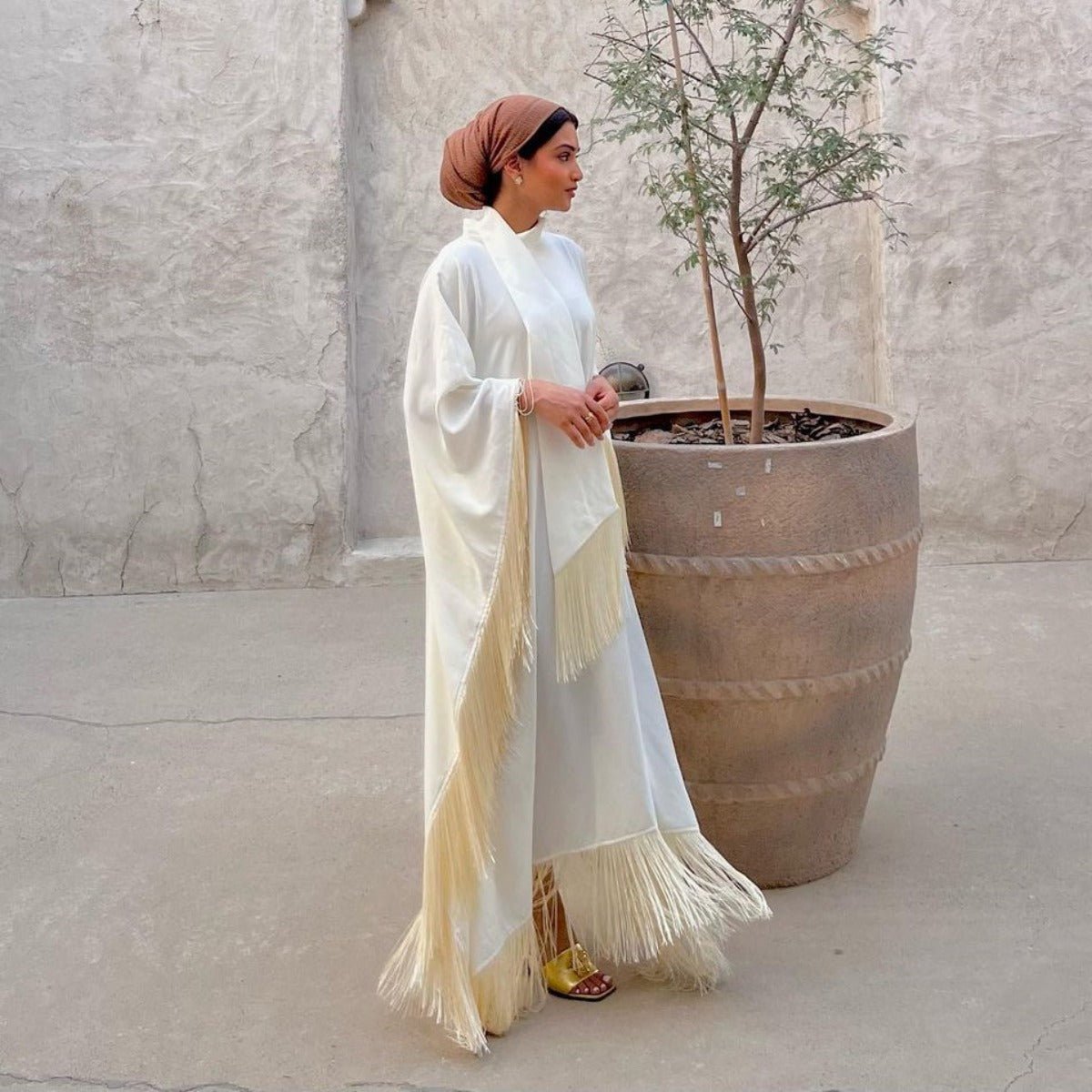 Elegant Bat Sleeve Tassel Kaftan | High Fashion Modest Party Dress with Flowy Fringe Details(MA288) - Mariam's Collection