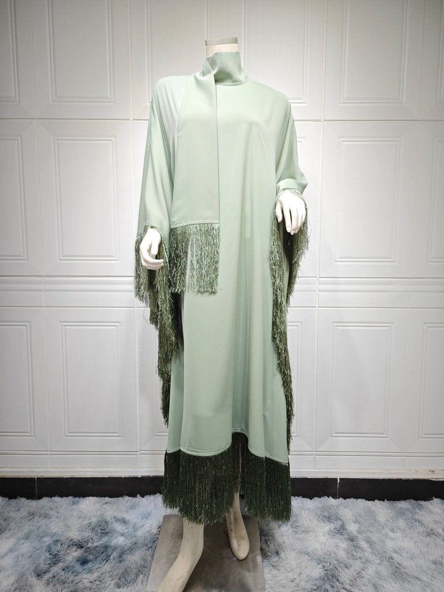 Elegant Bat Sleeve Tassel Kaftan | High Fashion Modest Party Dress with Flowy Fringe Details(MA288) - Mariam's Collection