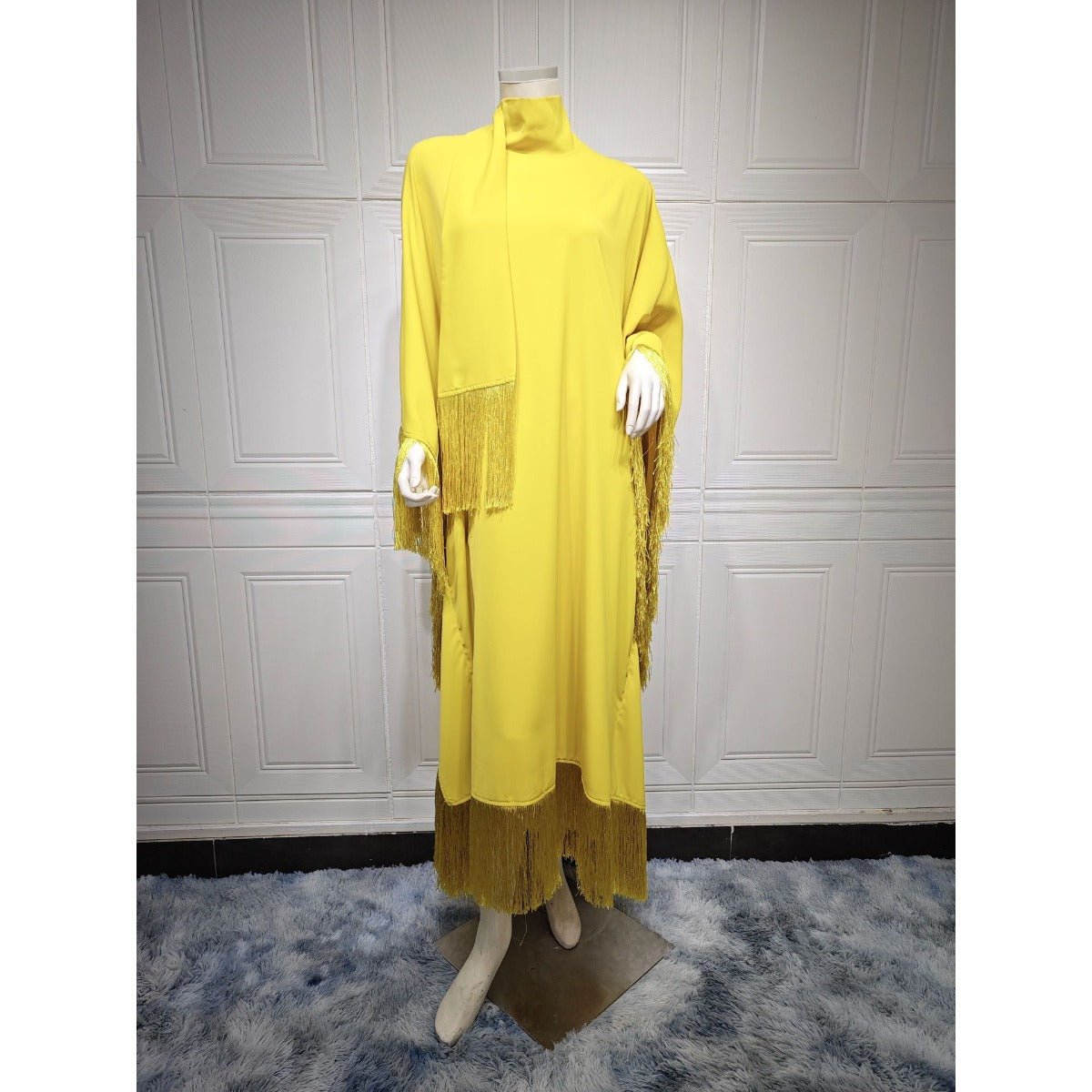 Elegant Bat Sleeve Tassel Kaftan | High Fashion Modest Party Dress with Flowy Fringe Details(MA288) - Mariam's Collection