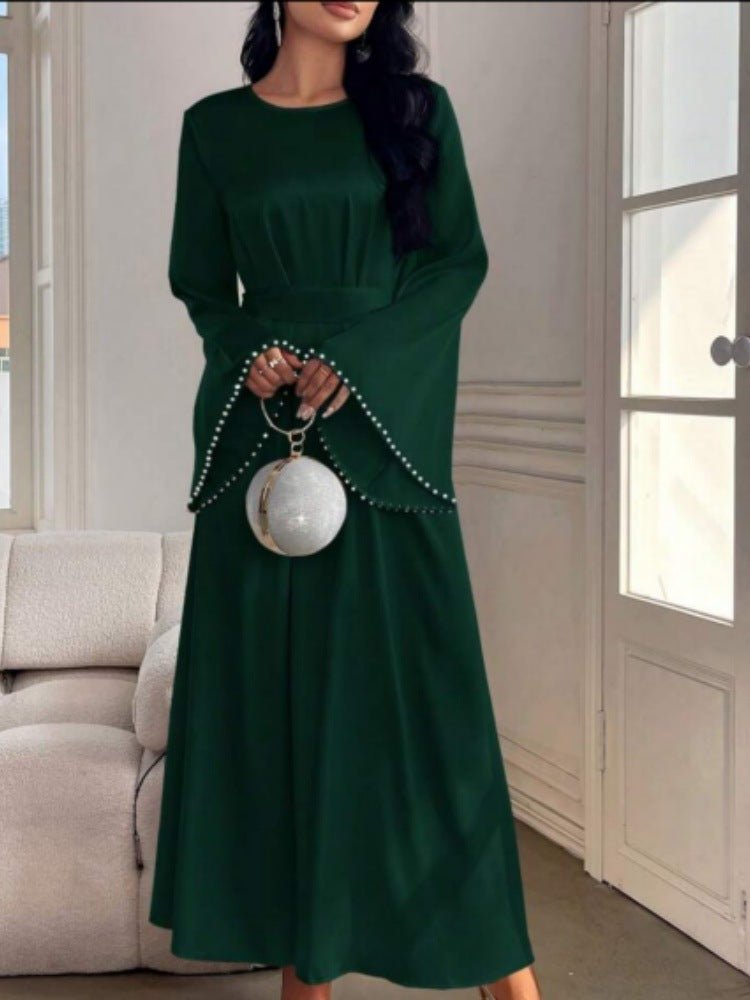 Elegant Beaded Pear Long Sleeve Maxi Dress Abaya with Flared Cuffs & Waist Tie. (MA200) - Mariam's Collection