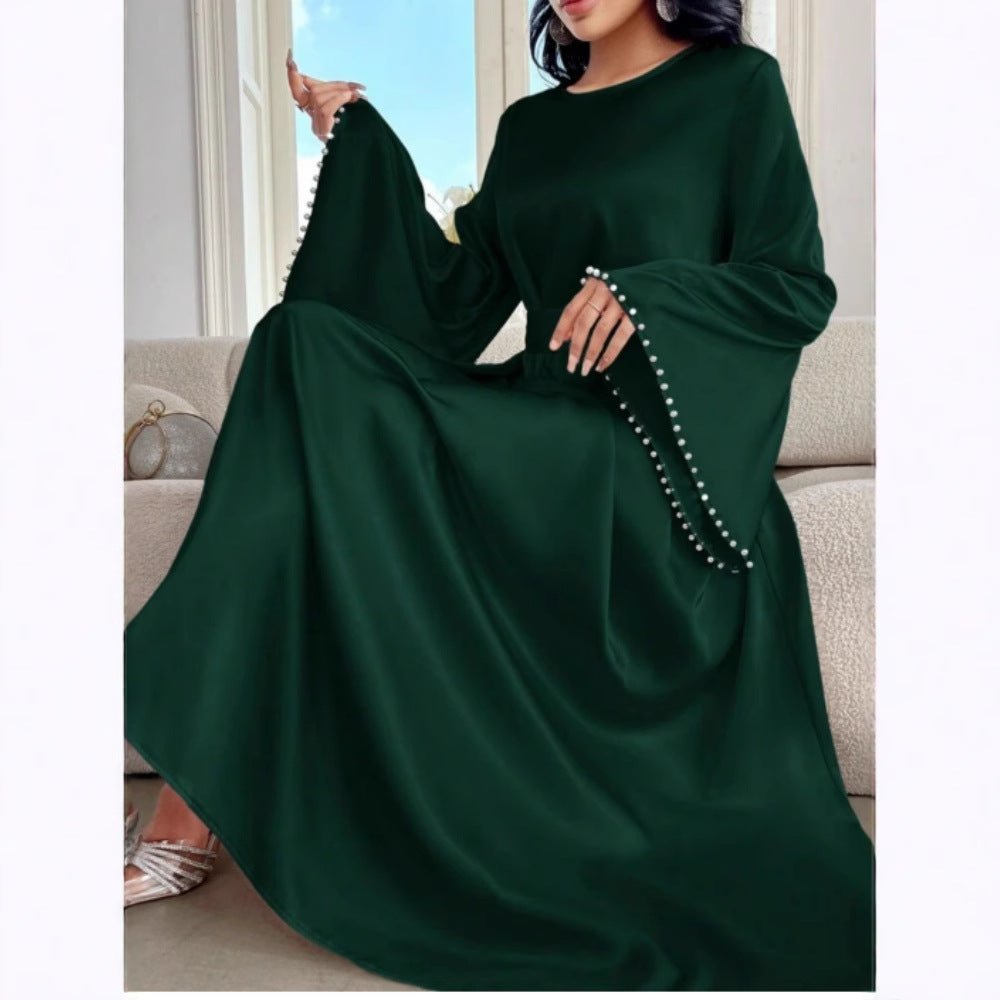 Elegant Beaded Pear Long Sleeve Maxi Dress Abaya with Flared Cuffs & Waist Tie. (MA200) - Mariam's Collection