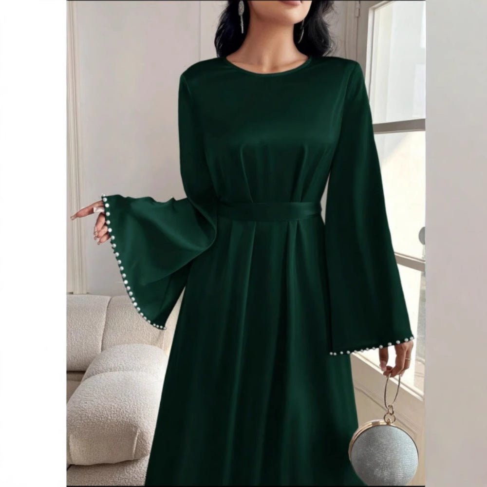 Elegant Beaded Pear Long Sleeve Maxi Dress Abaya with Flared Cuffs & Waist Tie. (MA200) - Mariam's Collection