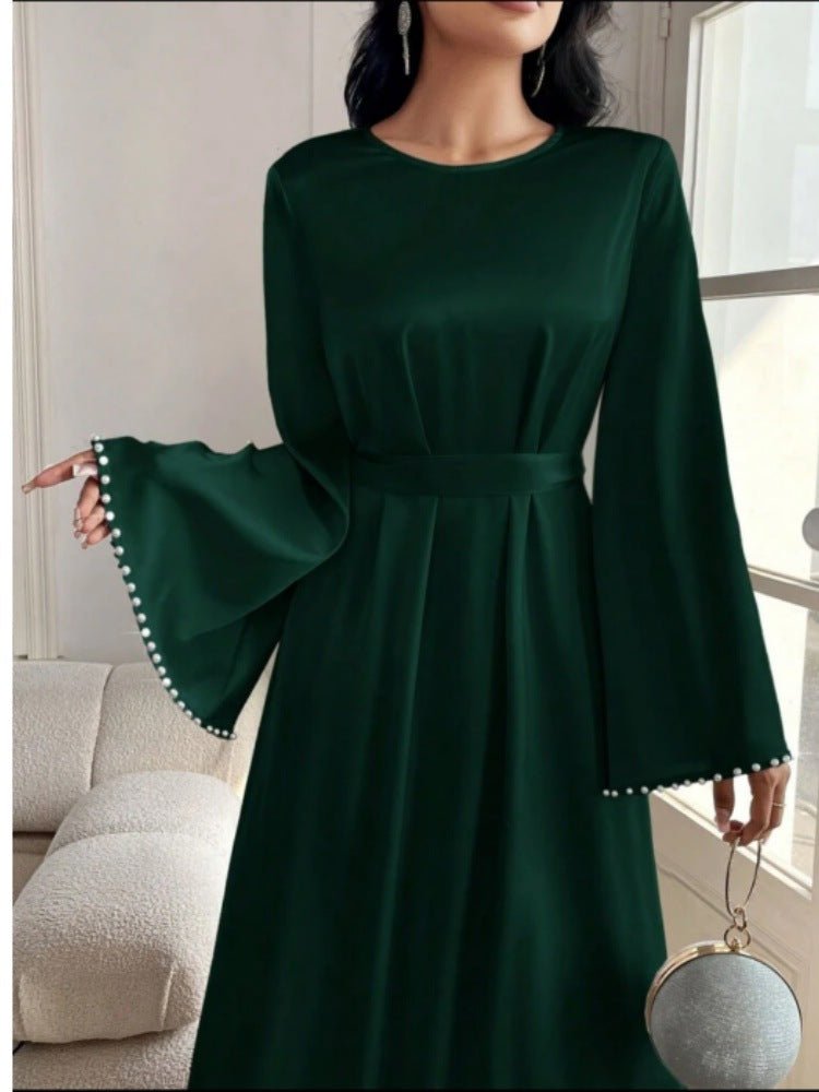 Elegant Beaded Pear Long Sleeve Maxi Dress Abaya with Flared Cuffs & Waist Tie. (MA200) - Mariam's Collection