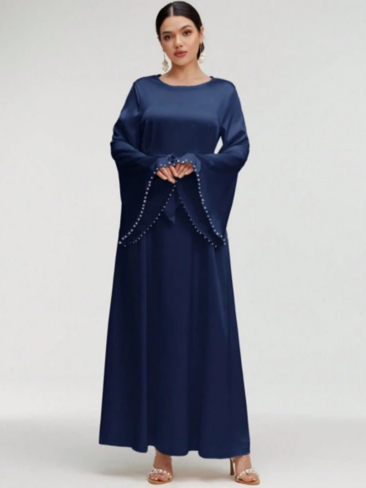Elegant Beaded Pear Long Sleeve Maxi Dress Abaya with Flared Cuffs & Waist Tie. (MA200) - Mariam's Collection