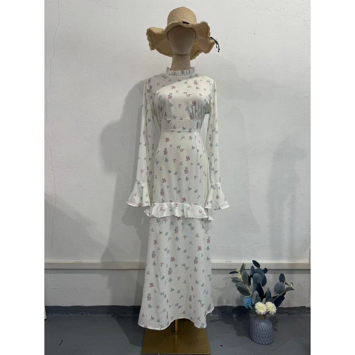 Elegant Bell Sleeve Romantic White Floral Ruffle Maxi Gown Abaya with Cascading Hem. (MA226) - Mariam's Collection