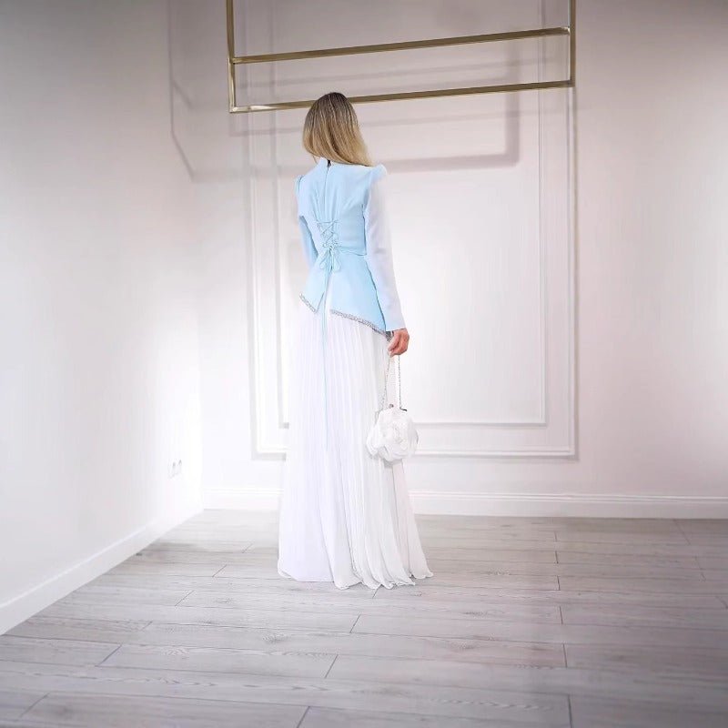 Elegant Blue White Chiffon Evening Dress | High Neck Pleated Maxi Dress(MA298) - Mariam's Collection