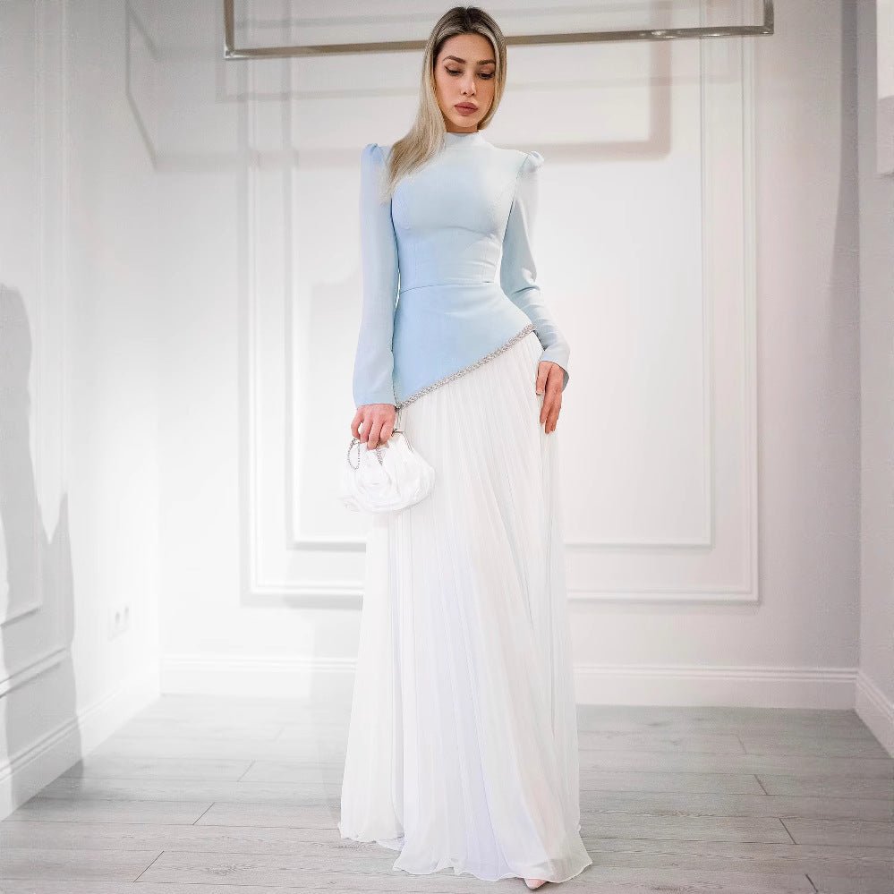 Elegant Blue White Chiffon Evening Dress | High Neck Pleated Maxi Dress(MA298) - Mariam's Collection