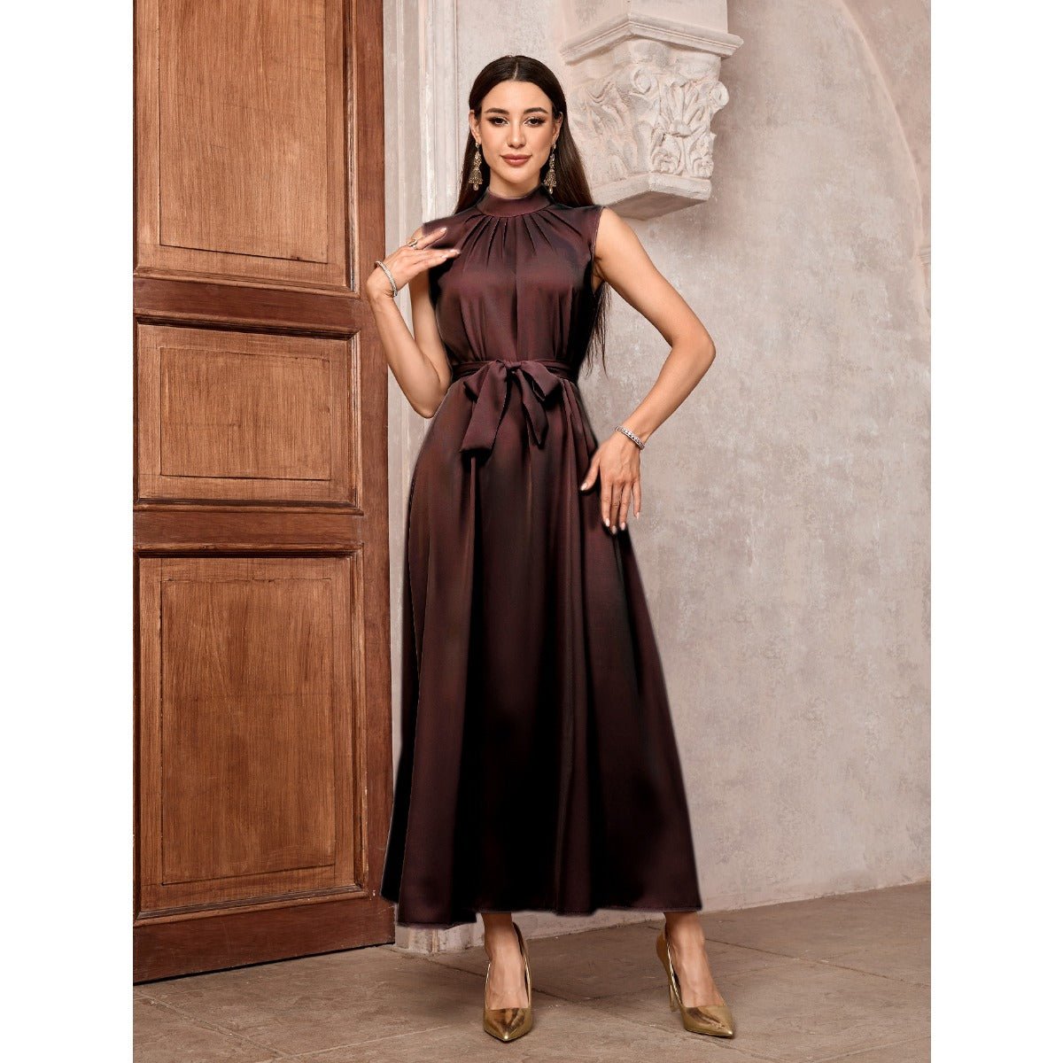 Elegant Brown & Black Bat Sleeve Robe Abaya | Gold Thread Embroidered Maxi Dress with Detachable Belt(MOA215) - Mariam's Collection