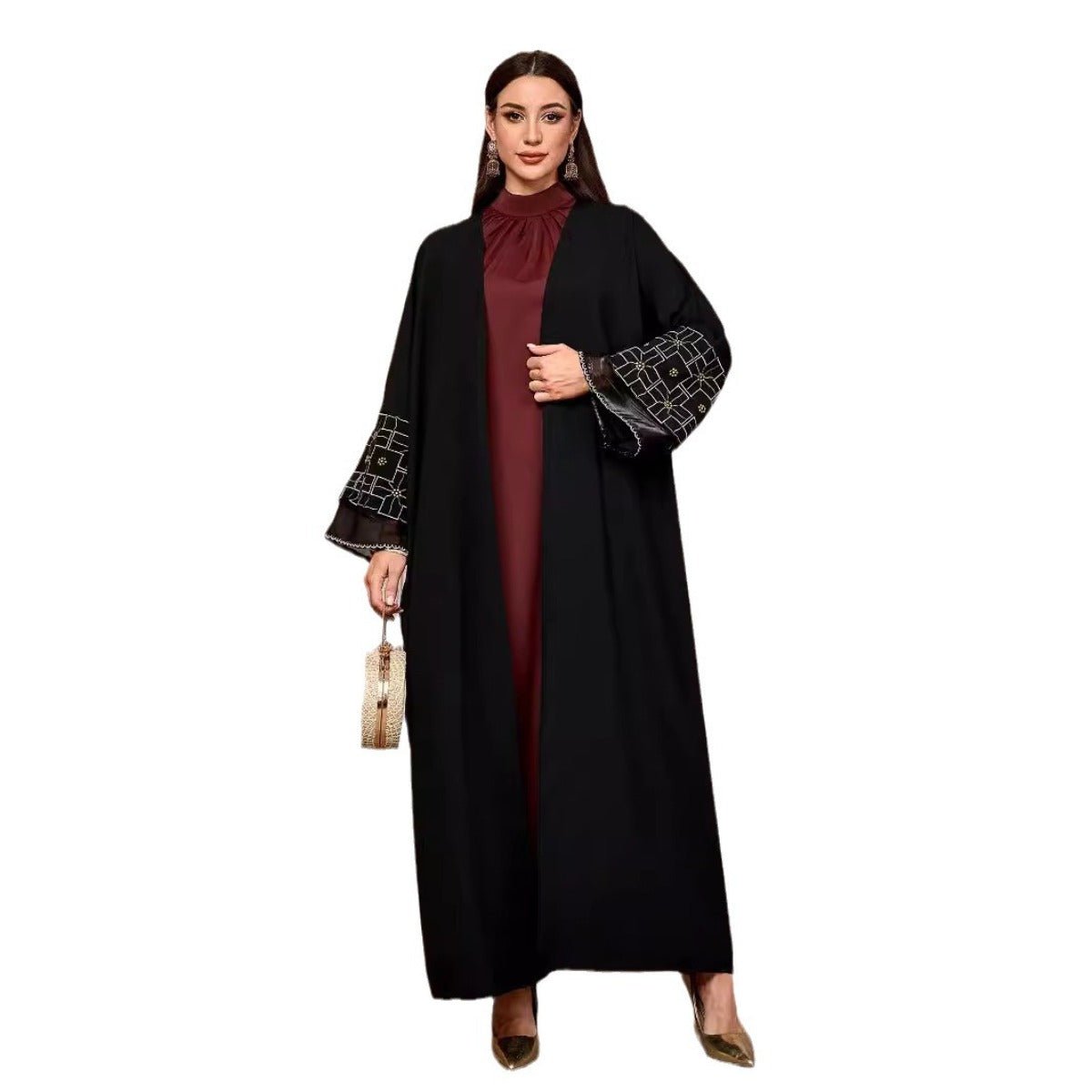 Elegant Brown & Black Bat Sleeve Robe Abaya | Gold Thread Embroidered Maxi Dress with Detachable Belt(MOA215) - Mariam's Collection