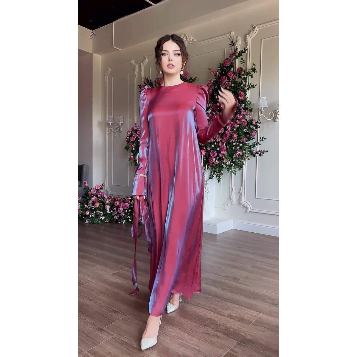 Elegant Burgundy Glitter Satin Long Sleeve Ball Gown with Flared Cuffs. (MA223) - Mariam's Collection