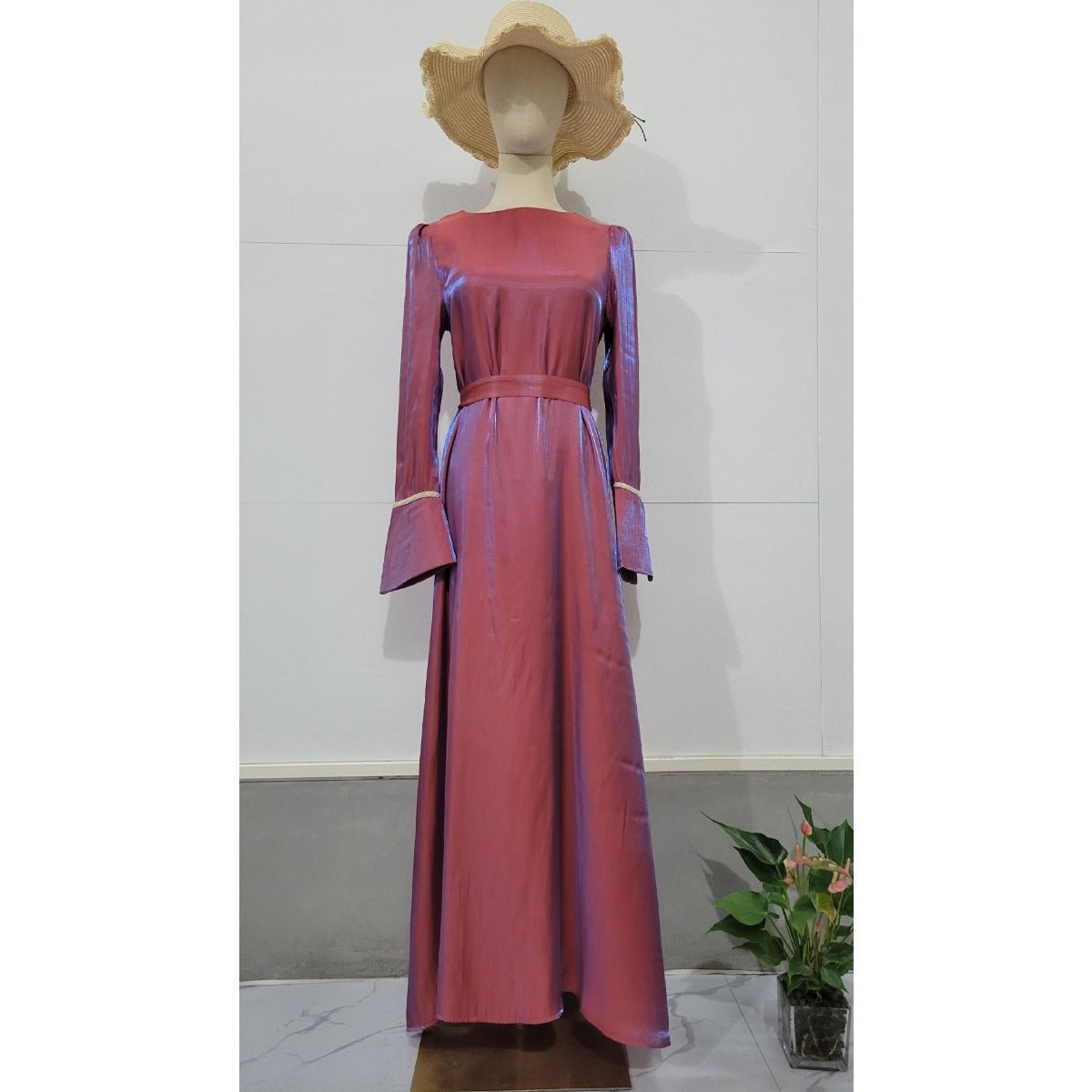 Elegant Burgundy Glitter Satin Long Sleeve Ball Gown with Flared Cuffs. (MA223) - Mariam's Collection