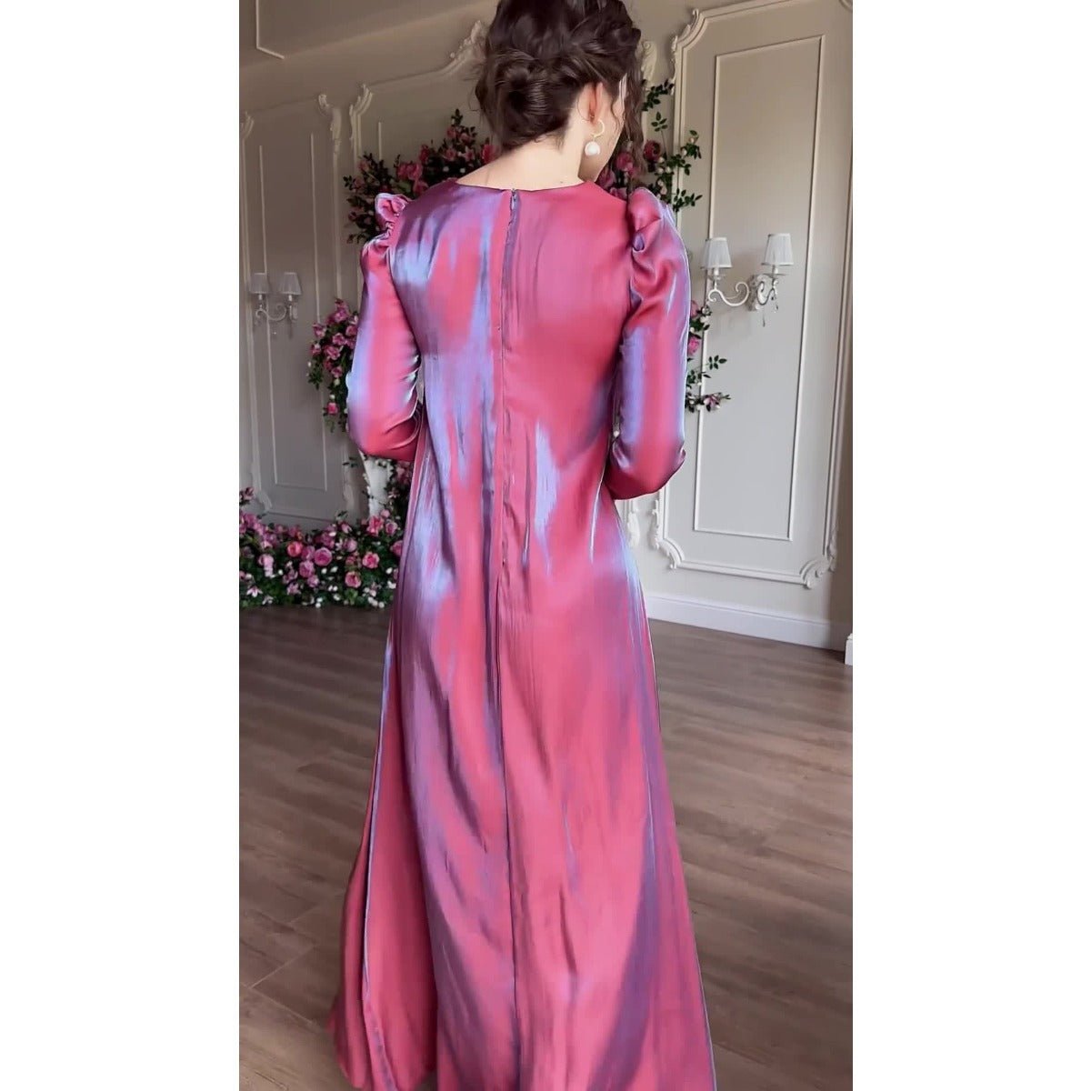 Elegant Burgundy Glitter Satin Long Sleeve Ball Gown with Flared Cuffs. (MA223) - Mariam's Collection