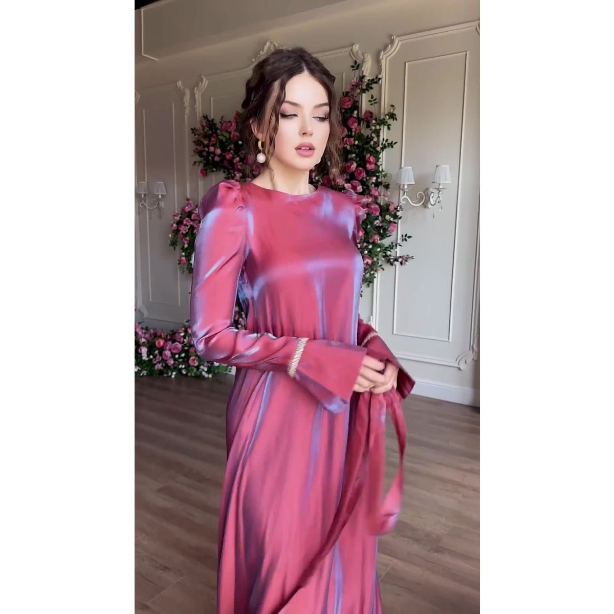 Elegant Burgundy Glitter Satin Long Sleeve Ball Gown with Flared Cuffs. (MA223) - Mariam's Collection