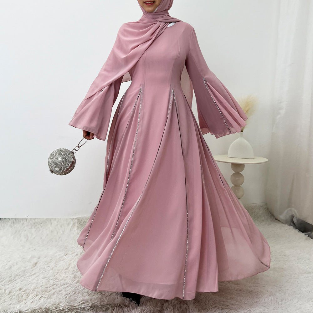 Elegant Chiffon Abaya Set with Hijab | Round Neck Bell Sleeve Maxi Dress with Rhinestone Trim(MA325) - Mariam's Collection