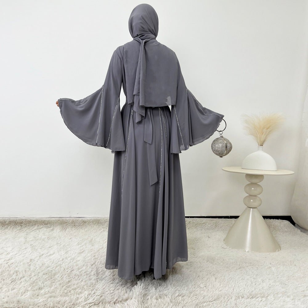 Elegant Chiffon Abaya Set with Hijab | Round Neck Bell Sleeve Maxi Dress with Rhinestone Trim(MA325) - Mariam's Collection