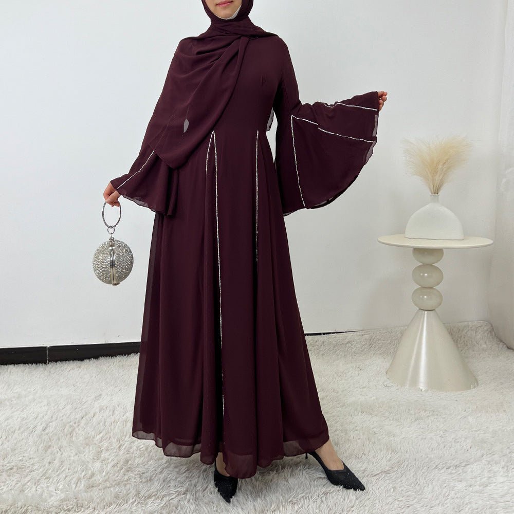 Elegant Chiffon Abaya Set with Hijab | Round Neck Bell Sleeve Maxi Dress with Rhinestone Trim(MA325) - Mariam's Collection