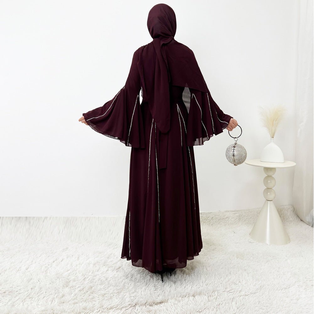 Elegant Chiffon Abaya Set with Hijab | Round Neck Bell Sleeve Maxi Dress with Rhinestone Trim(MA325) - Mariam's Collection