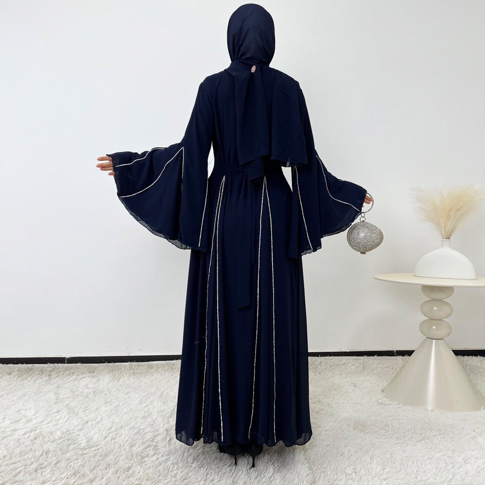 Elegant Chiffon Abaya Set with Hijab | Round Neck Bell Sleeve Maxi Dress with Rhinestone Trim(MA325) - Mariam's Collection