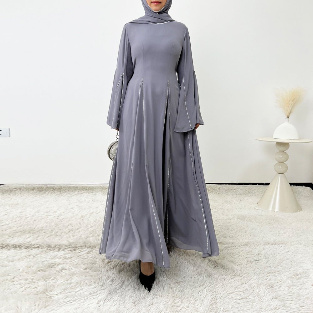 Elegant Chiffon Abaya Set with Hijab | Round Neck Bell Sleeve Maxi Dress with Rhinestone Trim(MA325) - Mariam's Collection