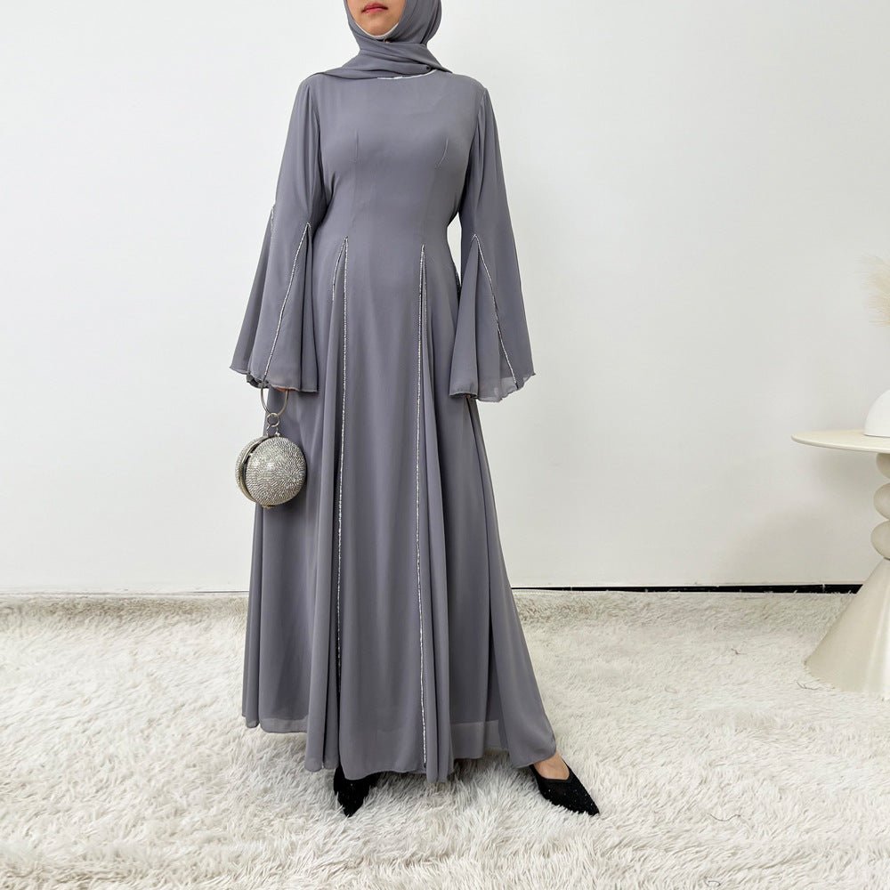 Elegant Chiffon Abaya Set with Hijab | Round Neck Bell Sleeve Maxi Dress with Rhinestone Trim(MA325) - Mariam's Collection