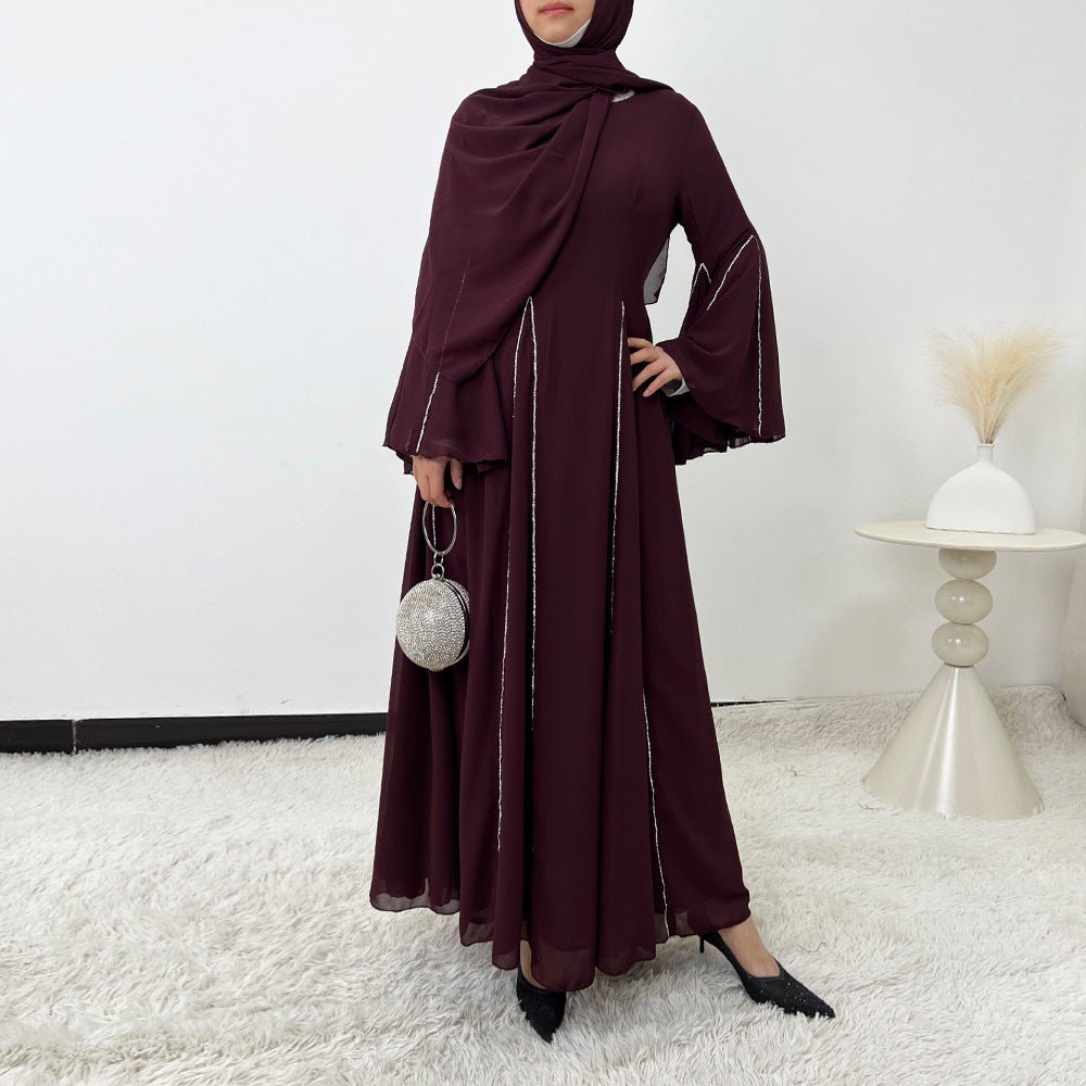 Elegant Chiffon Abaya Set with Hijab | Round Neck Bell Sleeve Maxi Dress with Rhinestone Trim(MA325) - Mariam's Collection