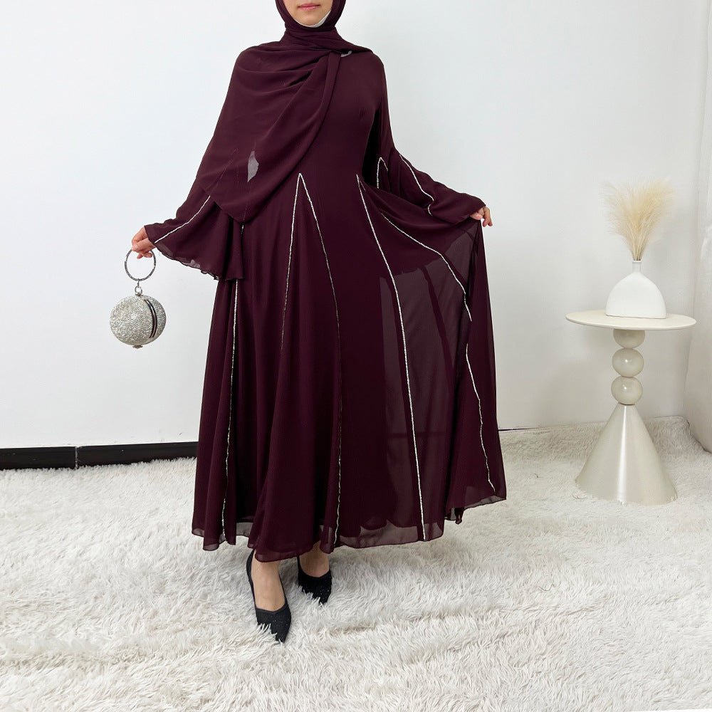 Elegant Chiffon Abaya Set with Hijab | Round Neck Bell Sleeve Maxi Dress with Rhinestone Trim(MA325) - Mariam's Collection