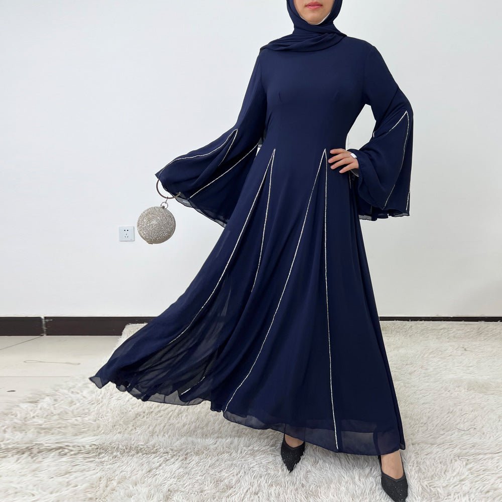 Elegant Chiffon Abaya Set with Hijab | Round Neck Bell Sleeve Maxi Dress with Rhinestone Trim(MA325) - Mariam's Collection
