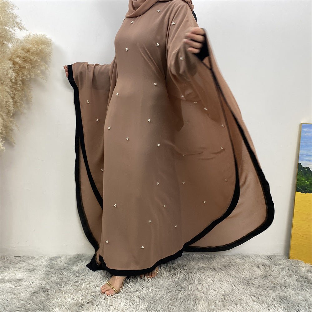 Elegant Chiffon Batwing Sleeve Abaya Pearl - Embellished Loose Muslim Robe with Contrast Trim. (MA183) - Mariam's Collection