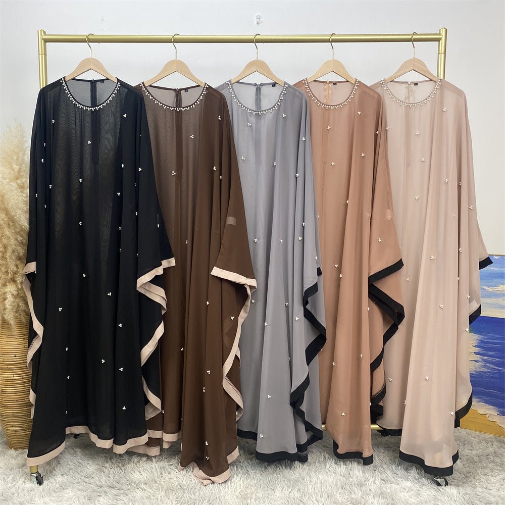 Elegant Chiffon Batwing Sleeve Abaya Pearl - Embellished Loose Muslim Robe with Contrast Trim. (MA183) - Mariam's Collection
