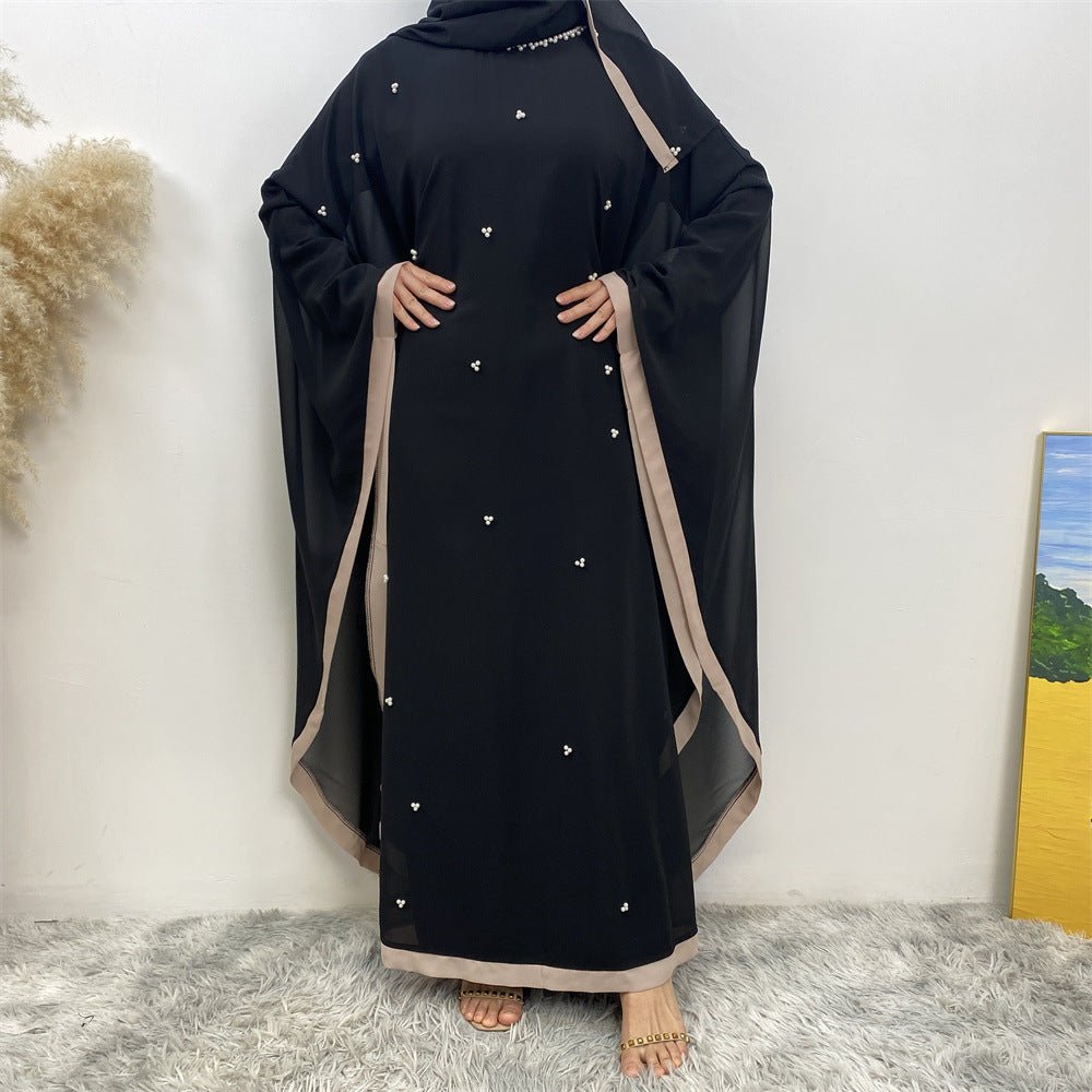 Elegant Chiffon Batwing Sleeve Abaya Pearl - Embellished Loose Muslim Robe with Contrast Trim. (MA183) - Mariam's Collection