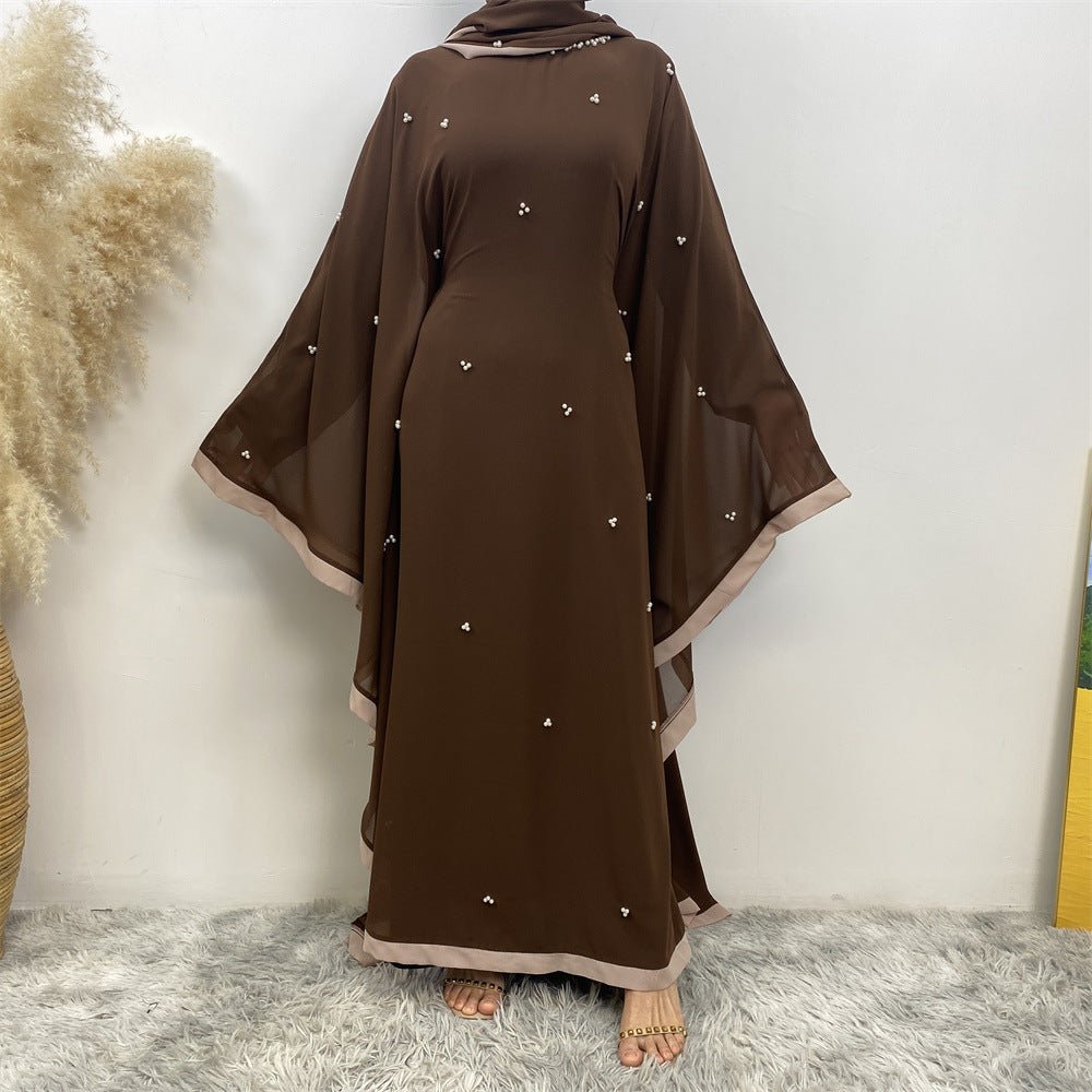 Elegant Chiffon Batwing Sleeve Abaya Pearl - Embellished Loose Muslim Robe with Contrast Trim. (MA183) - Mariam's Collection