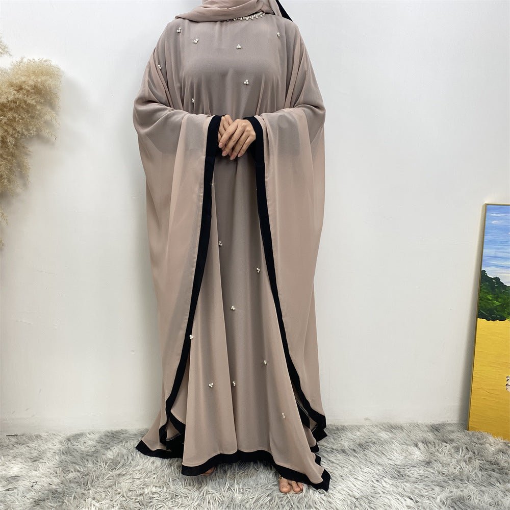 Elegant Chiffon Batwing Sleeve Abaya Pearl - Embellished Loose Muslim Robe with Contrast Trim. (MA183) - Mariam's Collection