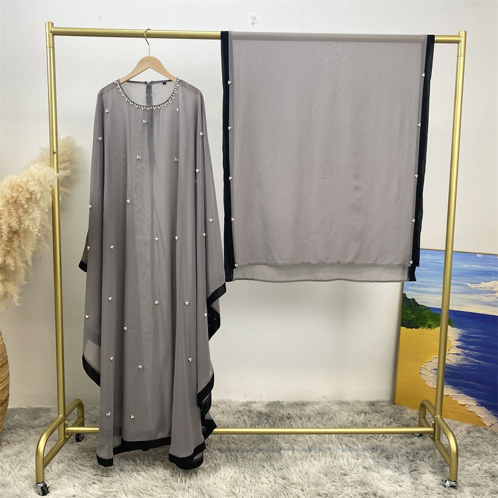 Elegant Chiffon Batwing Sleeve Abaya Pearl - Embellished Loose Muslim Robe with Contrast Trim. (MA183) - Mariam's Collection