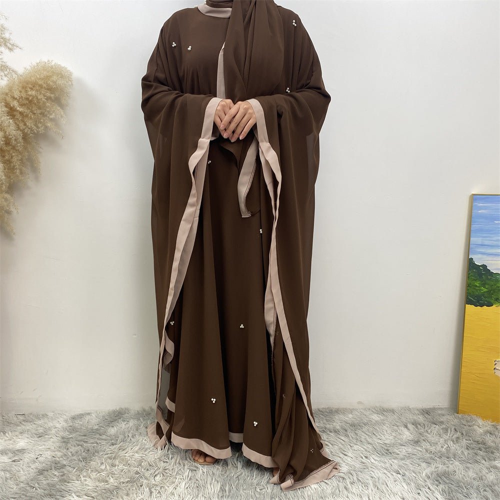 Elegant Chiffon Batwing Sleeve Abaya Pearl - Embellished Loose Muslim Robe with Contrast Trim. (MA183) - Mariam's Collection