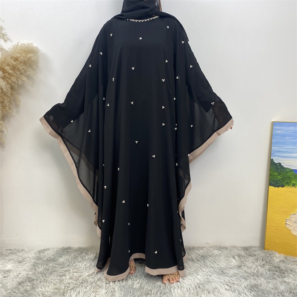 Elegant Chiffon Batwing Sleeve Abaya Pearl - Embellished Loose Muslim Robe with Contrast Trim. (MA183) - Mariam's Collection