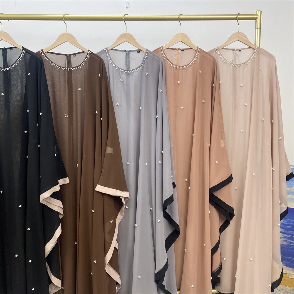 Elegant Chiffon Batwing Sleeve Abaya Pearl - Embellished Loose Muslim Robe with Contrast Trim. (MA183) - Mariam's Collection