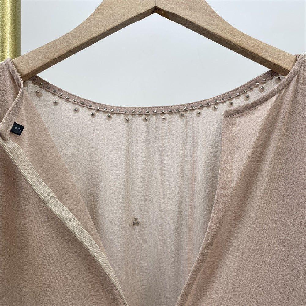 Elegant Chiffon Batwing Sleeve Abaya Pearl - Embellished Loose Muslim Robe with Contrast Trim. (MA183) - Mariam's Collection