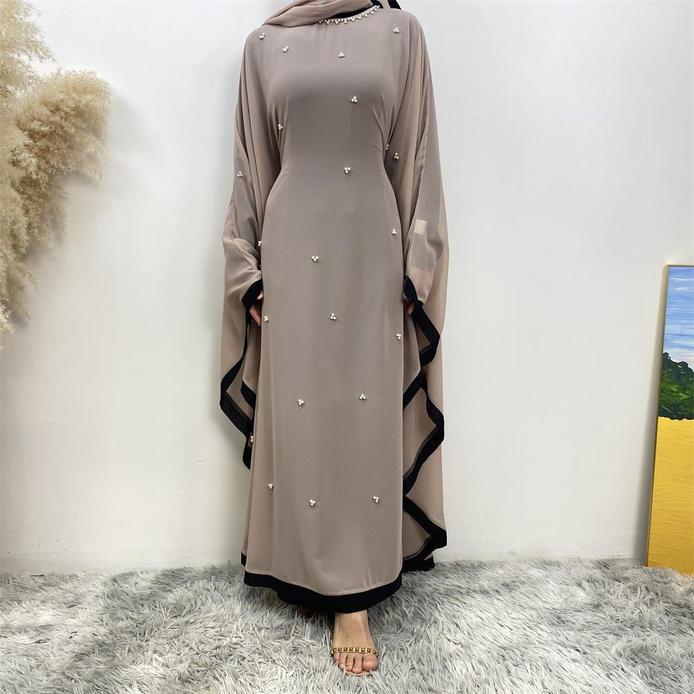 Elegant Chiffon Batwing Sleeve Abaya Pearl - Embellished Loose Muslim Robe with Contrast Trim. (MA183) - Mariam's Collection