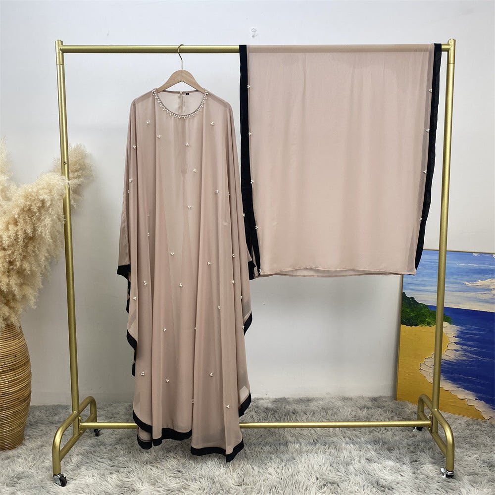 Elegant Chiffon Batwing Sleeve Abaya Pearl - Embellished Loose Muslim Robe with Contrast Trim. (MA183) - Mariam's Collection