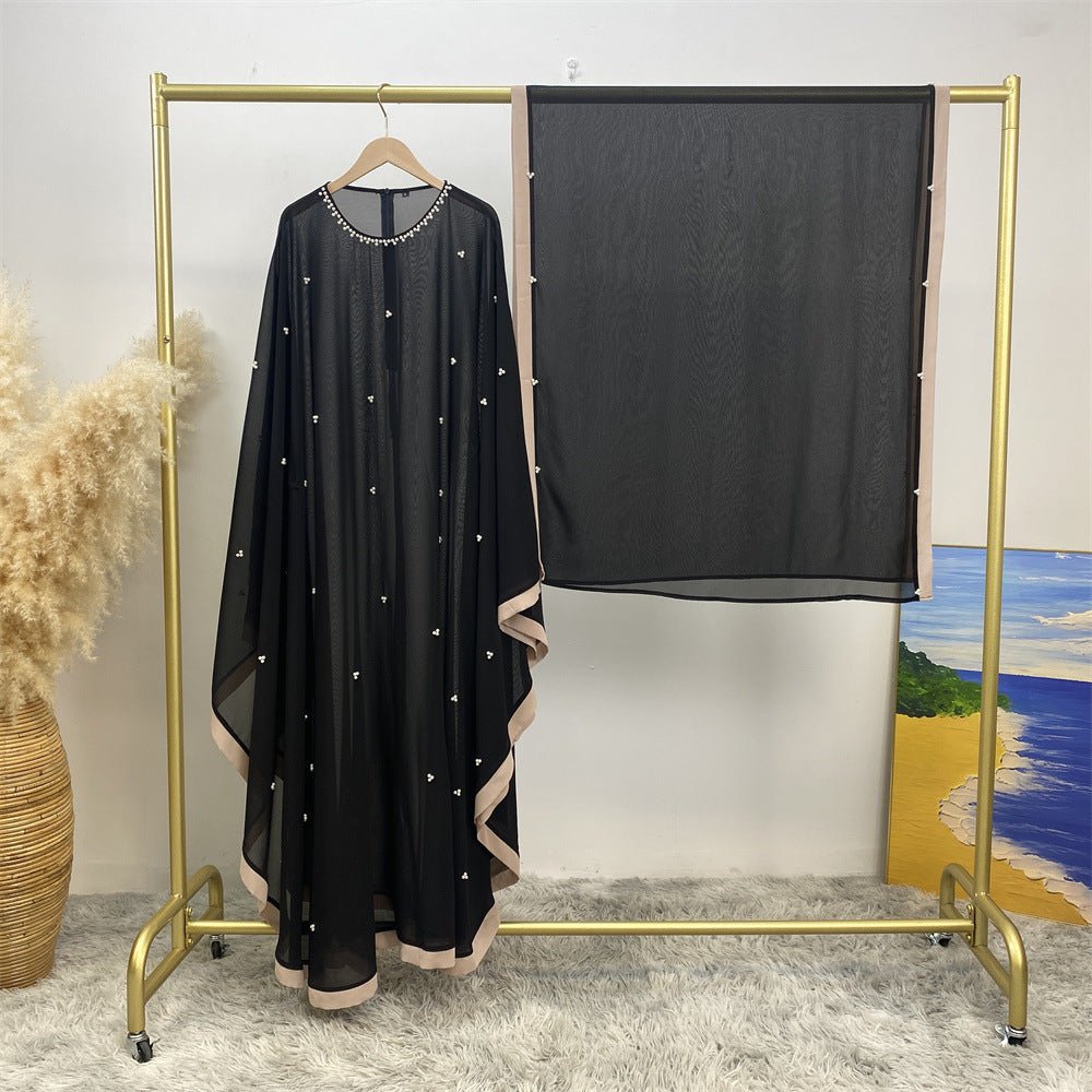Elegant Chiffon Batwing Sleeve Abaya Pearl - Embellished Loose Muslim Robe with Contrast Trim. (MA183) - Mariam's Collection
