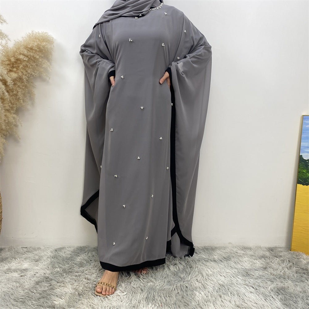 Elegant Chiffon Batwing Sleeve Abaya Pearl - Embellished Loose Muslim Robe with Contrast Trim. (MA183) - Mariam's Collection