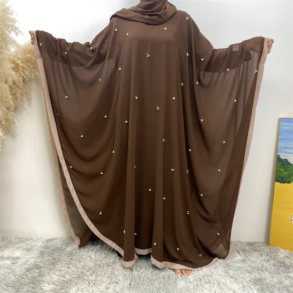 Elegant Chiffon Batwing Sleeve Abaya Pearl - Embellished Loose Muslim Robe with Contrast Trim. (MA183) - Mariam's Collection