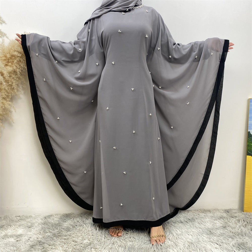 Elegant Chiffon Batwing Sleeve Abaya Pearl - Embellished Loose Muslim Robe with Contrast Trim. (MA183) - Mariam's Collection