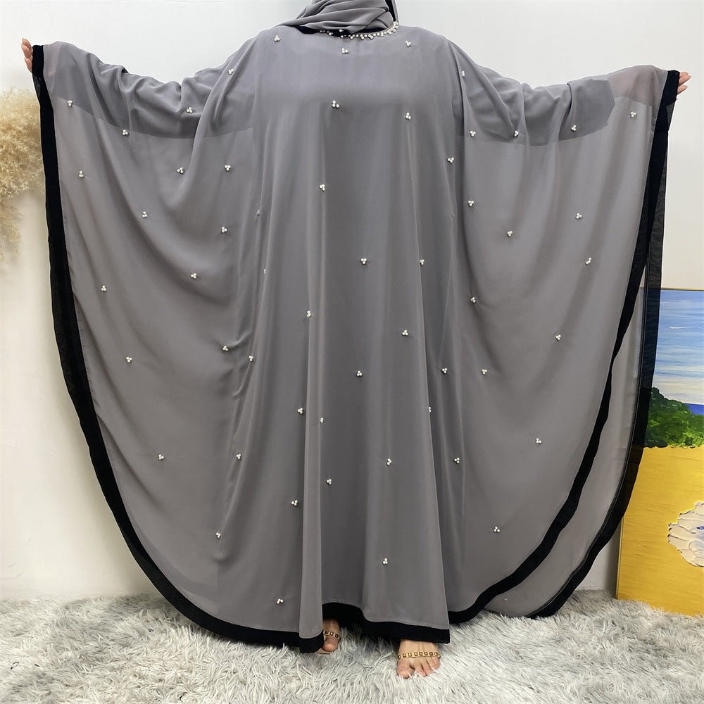 Elegant Chiffon Batwing Sleeve Abaya Pearl - Embellished Loose Muslim Robe with Contrast Trim. (MA183) - Mariam's Collection
