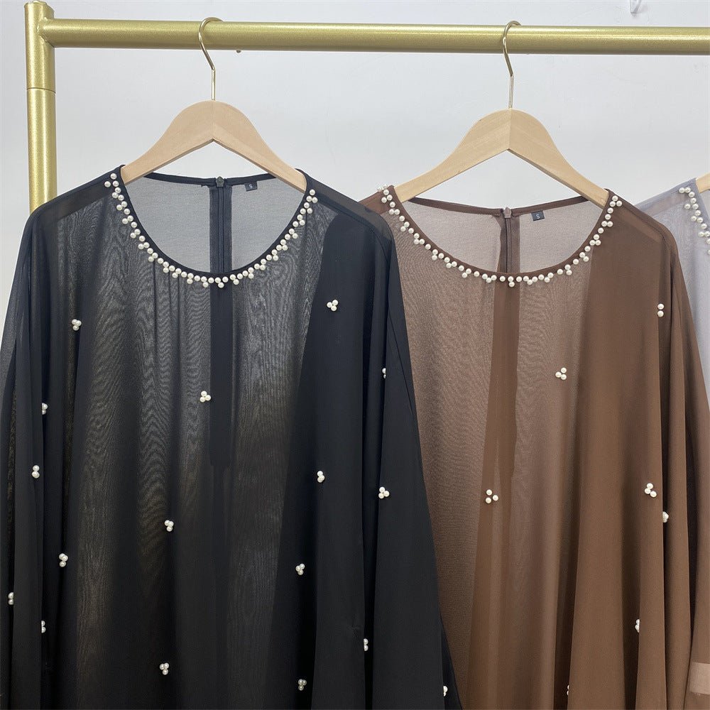 Elegant Chiffon Batwing Sleeve Abaya Pearl - Embellished Loose Muslim Robe with Contrast Trim. (MA183) - Mariam's Collection